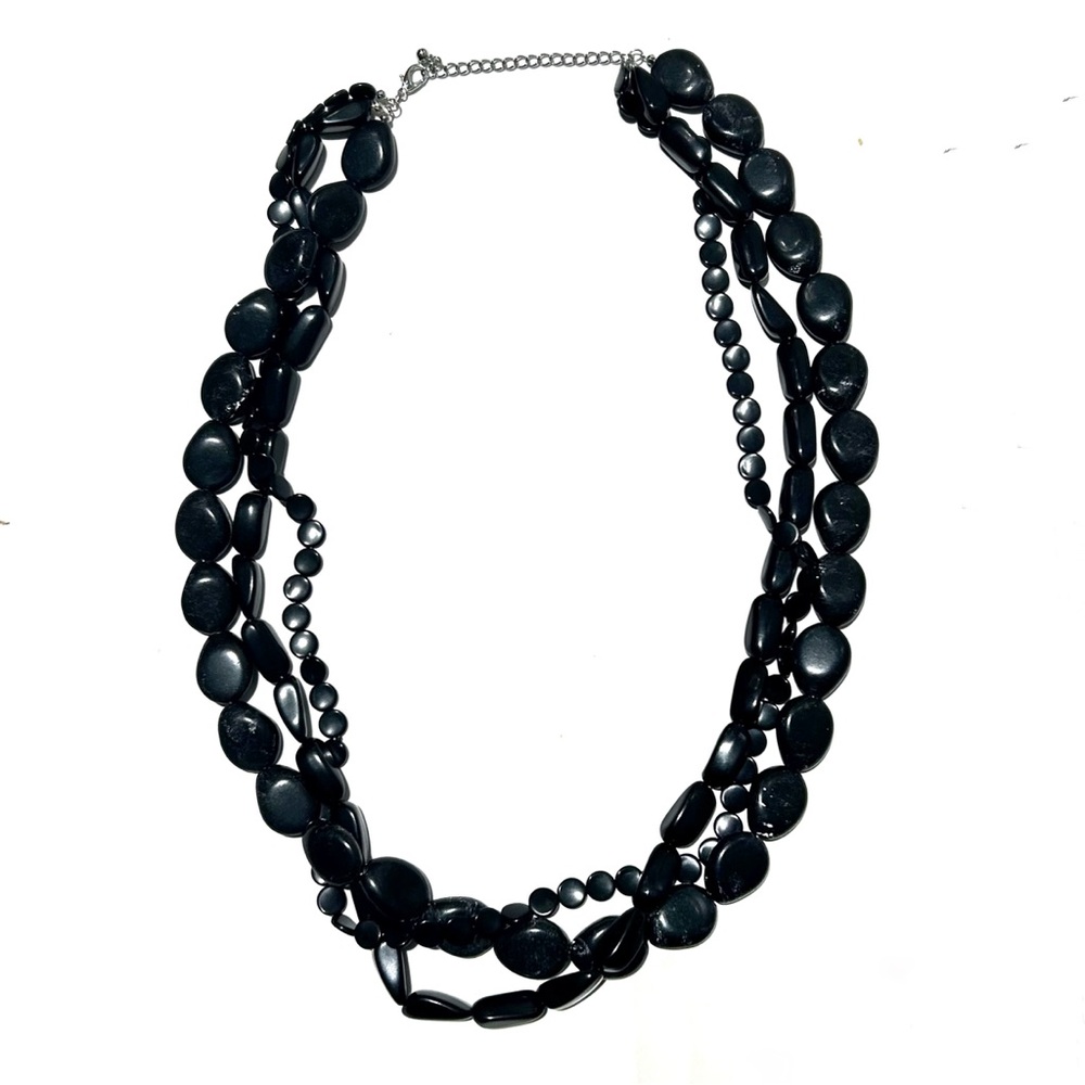 Long Large Black Beaded Necklace Layered Multi Strand Thick Statement Loop Oval